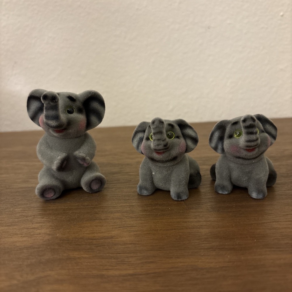 Vintage Flocked Elephant Mama Twin Babies Figurine Glass Eyes Moveable Head X3